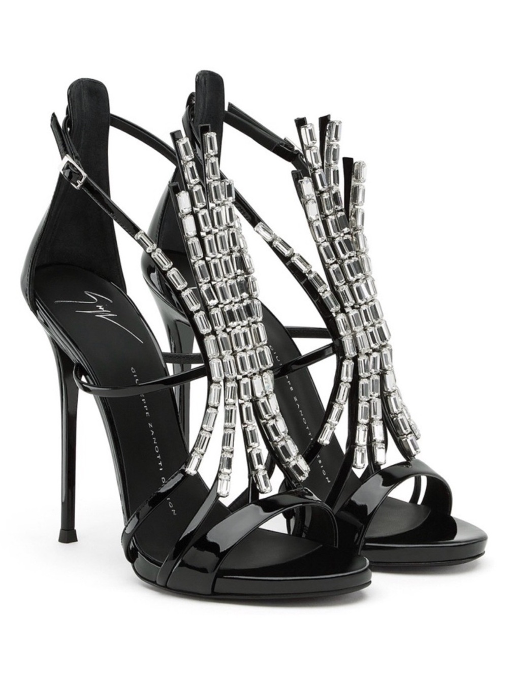 Giuseppe Zanotti Lights Up Crystal Baguette Black Patent Stiletto Sandals 38
